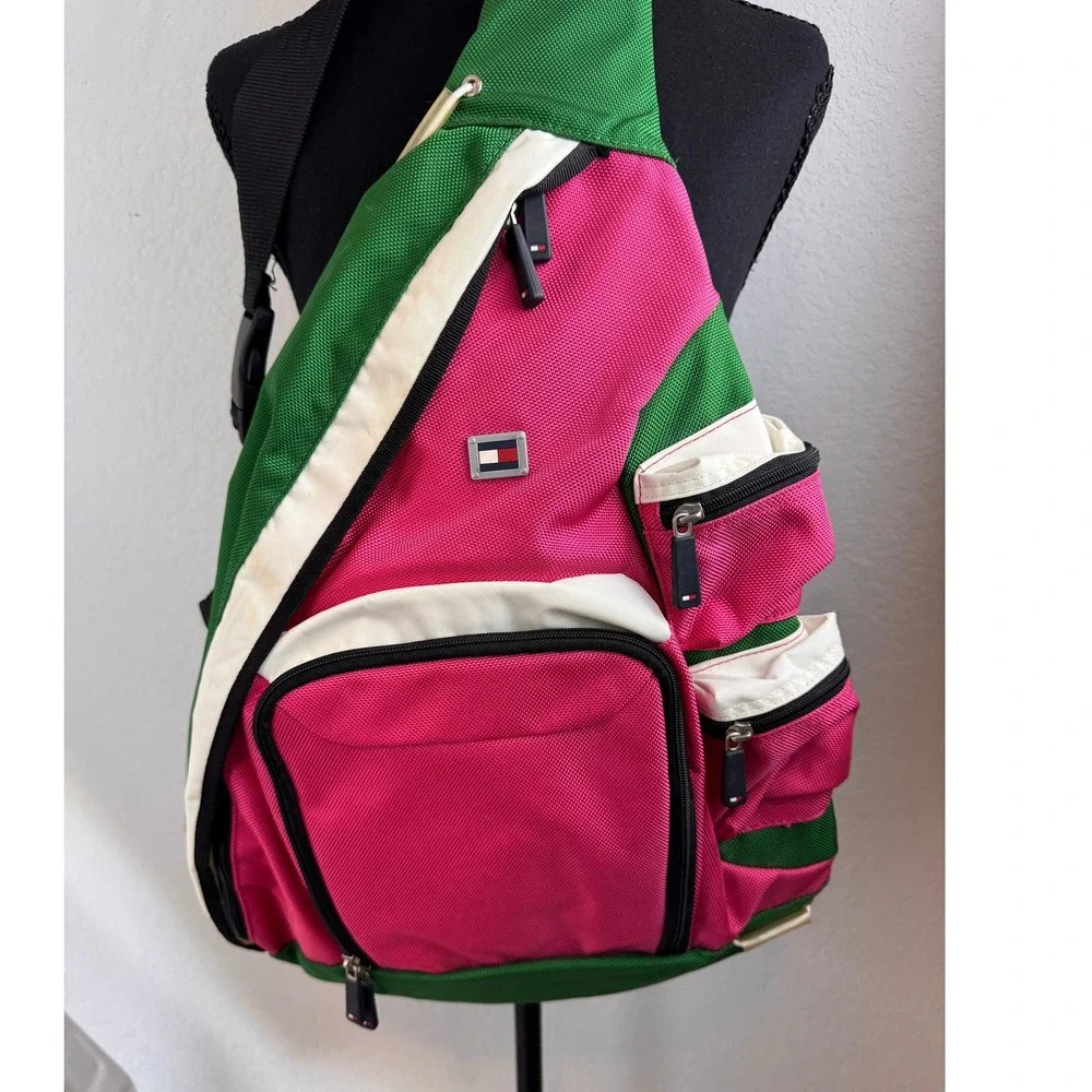 Tommy Hilfiger Sling Backpack Pink Green Crossbody Travel Bag Y2K Colorblock